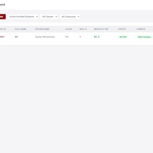 May include: A digital student management dashboard interface titled Dry Zone SMS. The screen displays a table with columns for photo, student ID GZ-00001, name Ali, father name Sardar Mohammad, class KG, roll number 1, monthly fee Rs. 0, status active, and campus.