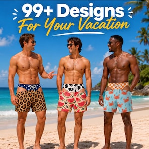 May include: Three pairs of swim shorts featuring distinct patterns such as leopard print, watermelon slices, and orange crabs. The text 99+ Designs For Your Vacation is visible at the top. Each pair includes a contrasting waistband with a drawstring.