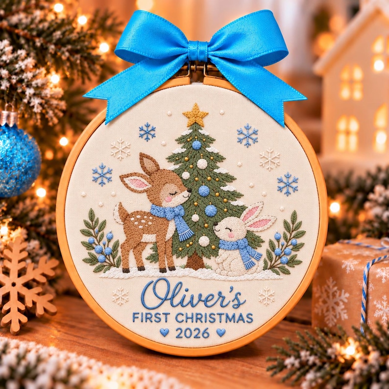 Hoop Cream Custom Embroidered Baby First Christmas Ornament 2026, Personalized ...