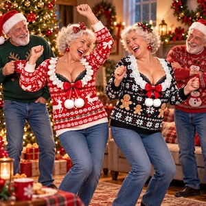 May include: Two festive jumpers featuring deep scoop necklines with white ruffled trim, red bows, and pom-poms. One jumper is red with white reindeer patterns, while the other is black with white snowflakes and gingerbread man motifs.