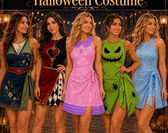 May include: Five sleeveless dresses with Halloween Costume text above. The dresses feature designs inspired by floral patterns, a playing card queen, a pink patterned dress, a green stitched character, and a light blue snowflake pattern.