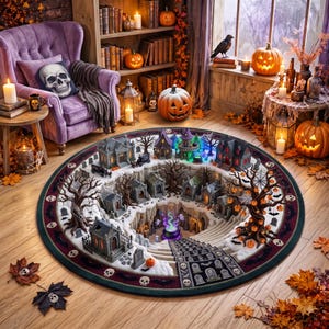 May include: A round area rug featuring a 3D-style illustration of a spooky cemetery scene with miniature houses, gravestones, bare trees, and a glowing purple cauldron at the center. The border is decorated with small skulls and bats on a dark background.
