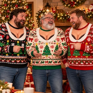 May include: Three long-sleeved jumpers featuring a low-cut scoop neckline with a white scalloped trim, revealing a black lace bra underneath. The jumpers display festive Christmas patterns including green pine trees, red bows, and snowflakes.