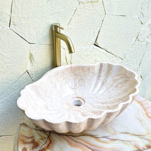 Lavabo de mármol con forma de concha, lavabo de piedra natural para baño, lavabo de mármol de lujo, lavabo personalizado hecho a mano.