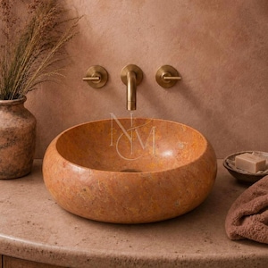 Lavabo redondo de mármol Sunset, lavabo de baño de piedra hecho a mano, lavabo de tocador de lujo.