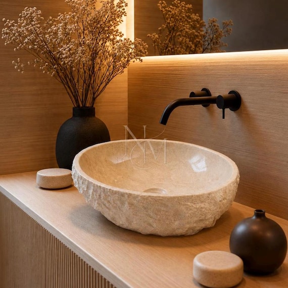Rustic Oval Marble Basin Bowl Sink – Luxury Travertine Bathroom Basin for Japandi & Modern Spaces (40 cm)
