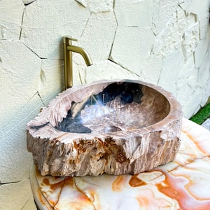 Puede incluir: Un lavabo de madera petrificada con un exterior natural y rugoso y un cuenco interior oscuro y pulido. Un grifo de metal dorado está montado sobre el lavabo, que descansa sobre una superficie de piedra veteada en naranja y blanco.