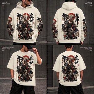 Puede incluir: Un conjunto de sudadera con capucha y camiseta oversize de color crema con un estampado gráfico de un guerrero de estilo japonés, un sol rojo y una puerta torii. El diseño incluye caracteres kanji negros y detalles en rojo y azul.