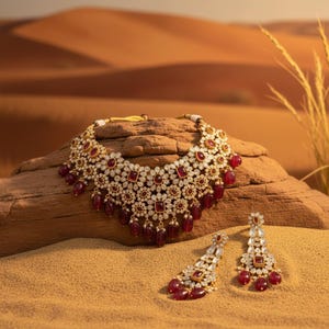 Ruby Red Polki Kundan Bridal Choker Necklace Set, Long Earrings, Ring, Indian Wedding Jewelry