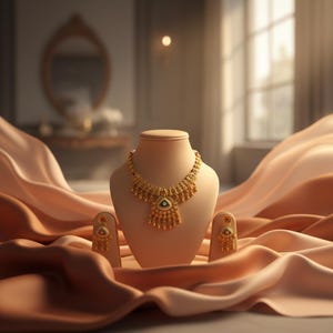 May include: A gold necklace and matching pair of earrings displayed on a beige jewelry bust. The necklace features an intricate chain with a central triangular pendant containing a dark green stone, accented by small dangling gold elements.