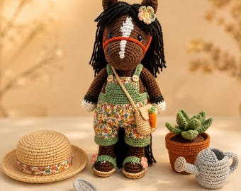 Virkat hästmönster PDF, Amigurumi hästdocka, Virkat bondgårdsdjur, Trädgårdshästleksak, Riddocka, Hästplyschmönster