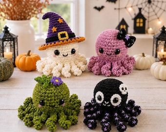 LÅG SÖMNAD 4i1 Halloween Bläckfisk Virkmönster PDF, Häxpumpa Dödskalle Amigurumi, Nybörjarvänlig