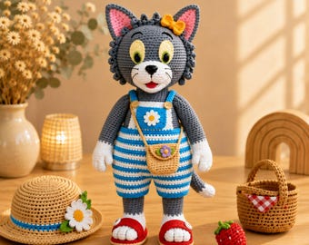 Virkmönster för katt i PDF-format, amigurumi-kattdocka, virkad kattunge, sommaroutfit, solhatt, picknickkorg, digital nedladdning