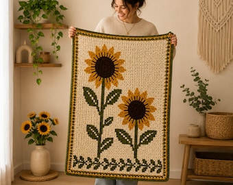 Blommigt överlägg med mosaikvirkad filt, blommigt afghanskt mönster, skriftliga instruktioner, digitalt virkmönster, Cottagecore-pläddesign