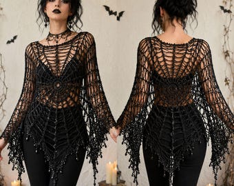 Mönster för virkad spindelnätstopp i PDF-format, mönster för Halloween-nättröja, gotisk virkad skjorta, festivaltopp, gör-det-själv-spindelnätströja