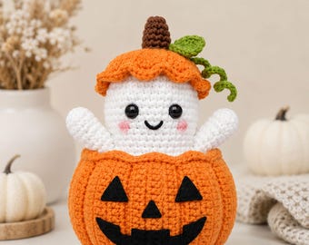 Halloween spökpumpa virkmönster, Amigurumi spökpumpa PDF, söt Halloweendekoration, höstvirkmönster, pumpaplyschhandledning