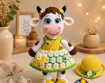 Virkad ko-dockamönster PDF, Daisy Meadow Cow Amigurumi, söt bondgårdsdjursdocka, virkad klänningsdocka, cowgirl-present, direktnedladdning