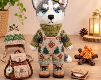 Patrón de tejido de husky para acampar, muñeco de perro en PDF, juguete de oso del bosque, patrón de tejido de animales para acampar, descarga instantánea