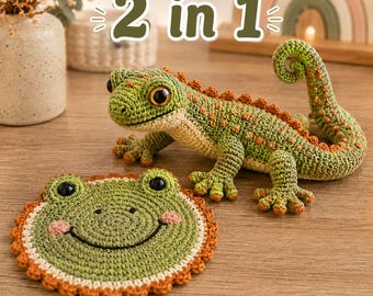Virkmönster till geckoödla i PDF-format | 2-i-1 Amigurumi-muggmatta med reptil och underlägg | Virkhandledning utan sömnad | Ladda ner PDF på engelska direkt