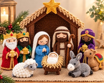 降誕劇のかぎ針編みパターンセット、クリスマスあみぐるみセット、聖家族のかぎ針編みPDF、羊飼い、東方の三博士、幼子イエスのパターン