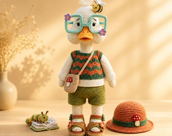 Virkmönster för trädgårdsanka i PDF-format, Amigurumi-ankamönster, söt djurdocka, virkad ankleksak, solhatt, glasögon, väska, direktnedladdning och presenter