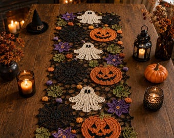 Halloween-virkad bordslöpare i PDF-format, spökpumpa, spindelnätsdekoration, direkt