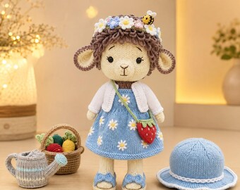 デイジーラム編み図PDF、子羊人形編み図、青いドレスの羊のおもちゃ、花柄あみぐるみ、庭の動物、デジタルダウンロード