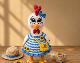 Virkat hönsdockamönster PDF, solrosträdgårdsklänning Amigurumi, kycklingdocka virkmönster, bondgårdsdekor, direktnedladdning