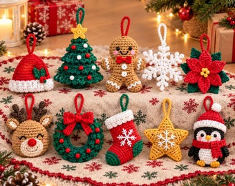 クリスマスかぎ針編みオーナメントパターンセット、クリスマスツリーデコレーション10個、かぎ針編みクリスマスパターンPDF、DIYホリデーデコレーション