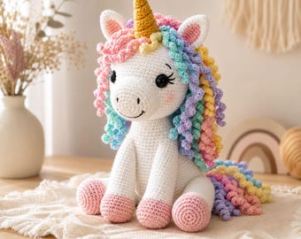 Virkmönster för regnbågsenhörning | Amigurumi sittande ponny | Fantasy plysch PDF-nedladdning