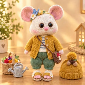 Cozy Garden Mouse Knitting Pattern, Cute Mouse Doll PDF, Woodland Animal Toy, Acorn Hat,Cardigan, Garden Accessories