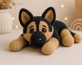 Virkmönster för schäfer i PDF-format, amigurumi, hundvalp, gosedjursmönster, diskettmönster för valpar, nybörjarvänlig digital nedladdning