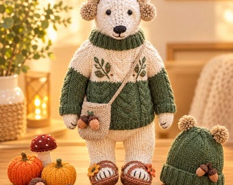 秋の森のクマの編み物パターン、テディベア人形、ケーブルニットセーター、秋の装飾、PDF編み物パターン