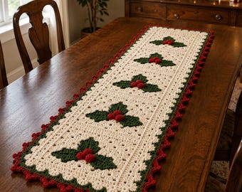 クリスマス用かぎ針編みテーブルランナーパターン、ホーリーベリーランナーPDF、ホリデーダイニングテーブルデコレーション、かぎ針編みクリスマスホームデコレーション、即時ダウンロード