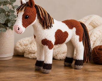 Virkmönster för häst, virkmönster för amerikansk målad häst, amigurumi-häst i pdf-format, enkel nybörjarvirkning (PDF-mönster)