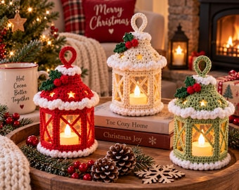かぎ針編みのクリスマスランタンのパターン（PDF）、ホリデーランタンの装飾、クリスマスツリーのオーナメント、かぎ針編みのキャンドルホルダー、クリスマスのホームデコレーション