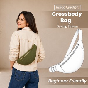 May include: A sewing pattern for a crossbody bag titled Malag Creation. Crossbody Bag Sewing Pattern Beginner Friendly. The image shows a person wearing an olive green crossbody bag with a gold zipper and a white line drawing of the bag design.