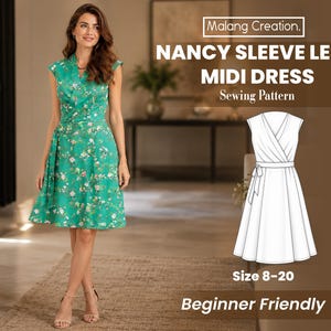 Pode incluir: Um vestido midi verde com padrão floral, apresentando um corpete cruzado e design sem mangas. A imagem inclui o texto Malang Creation, NANCY SLEEVE LESS MIDI DRESS, Sewing Pattern, Size 8-20 e Beginner Friendly.
