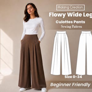 May include: A sewing pattern for flowy wide leg culottes pants by Malang Creation, featuring a white long-sleeve top and brown wide-leg trousers. The image includes a technical line drawing of the pants, labeled with sizes 0-34 and Beginner Friendly.