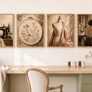 May include: A set of four framed wall art prints featuring a vintage sewing machine with flowers, an embroidery hoop with floral patterns, a dressmaker's mannequin draped in pink fabric, and a person sitting at a desk in a sunlit room.