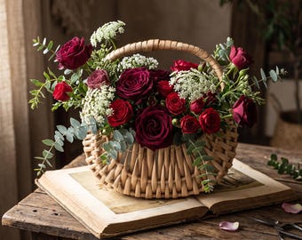 May include: A woven light brown wicker basket filled with deep red roses, small white flower clusters, and green eucalyptus sprigs. The basket features a curved handle and is arranged with a variety of blooming flowers and foliage.