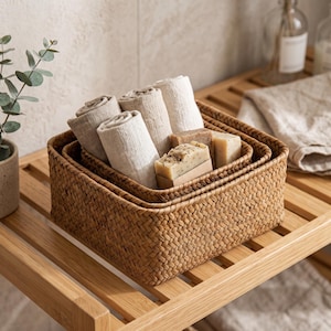 May include: A set of two nested rectangular woven baskets made of natural brown fibers. The baskets contain several rolled beige linen cloths and two rectangular bars of soap, one of which features visible botanical inclusions.