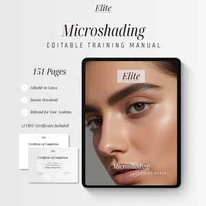 Op de afbeelding: Een digitale tablet met de cover van een microshading trainingshandleiding met een close-up van een gezicht, naast twee certificaatsjablonen. De tekst bevat Elite, Microshading, Editable Training Manual, 151 Pages, Certificate of Completion.