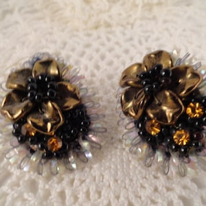 Vintage 40s or 50s Gold Amber and Rhinestone Clip Earrings from West Germany
