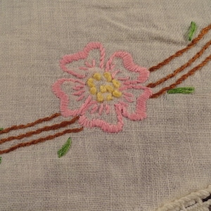 Antique Round Embroidered Table Cover or Scarf with Crocheted Edging from 1930s or 40s