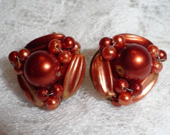 Vintage 50s Burgundy Pearl Gold Clip Earrings Marked Hong Kong