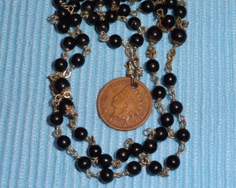 Rare Antique Rosary Necklace with Black Glass Beads and 1900 Indian Head Penny