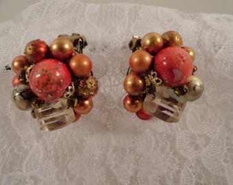 Antique 40s Coral Pink Crystal and Gold Beaded Clip Style Earrings