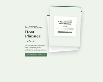Organizador imprimible para anfitriones de alquileres, planificador de apartamentos urbanos con seguimiento de gastos de reserva y preparativos, descarga en PDF, estilo botánico verde.