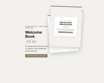 Plantilla de guía de bienvenida para alquileres, manual de la casa para glamping en PDF para anfitriones, reglas de entrada y páginas de salida imprimibles, estilo neutro moderno.
